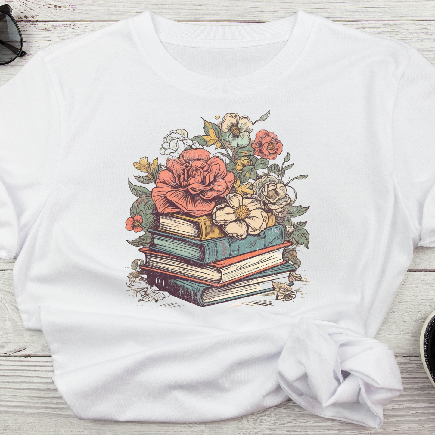 Vintage t-shirt with books and flowers for book lovers