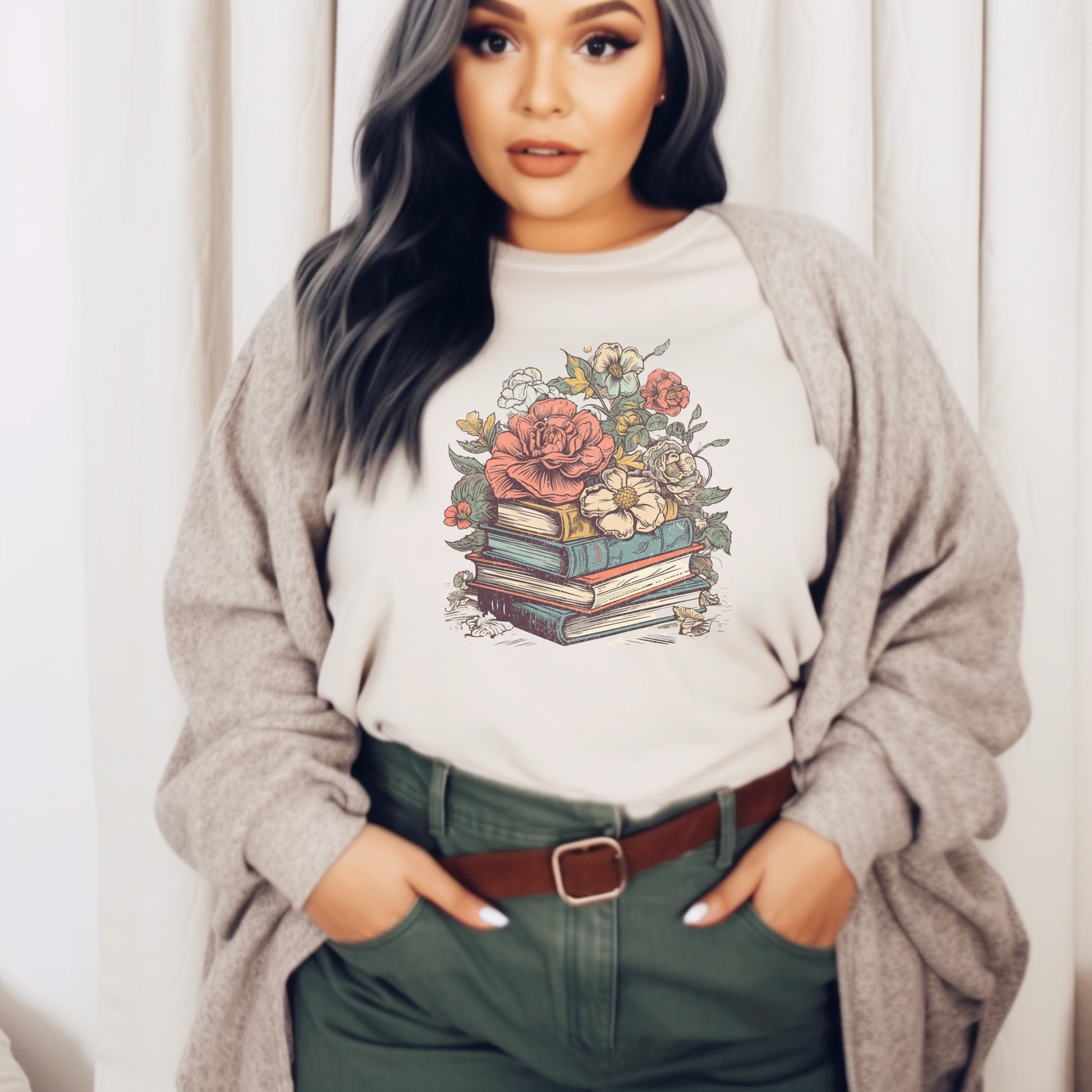 Vintage t-shirt with books and flowers for book lovers